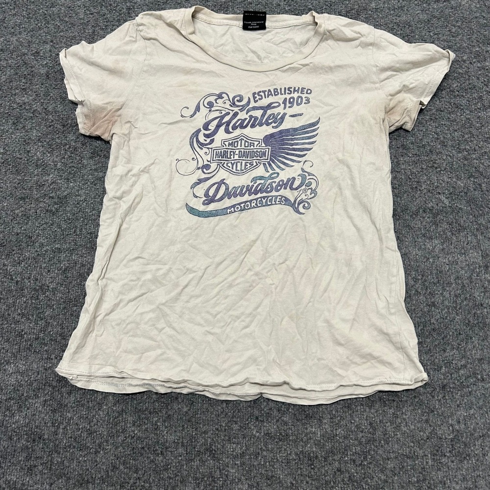Harley-Davidson T-Shirt Womens M Cream Graphic Short Sleeve Biker Sioux Fall